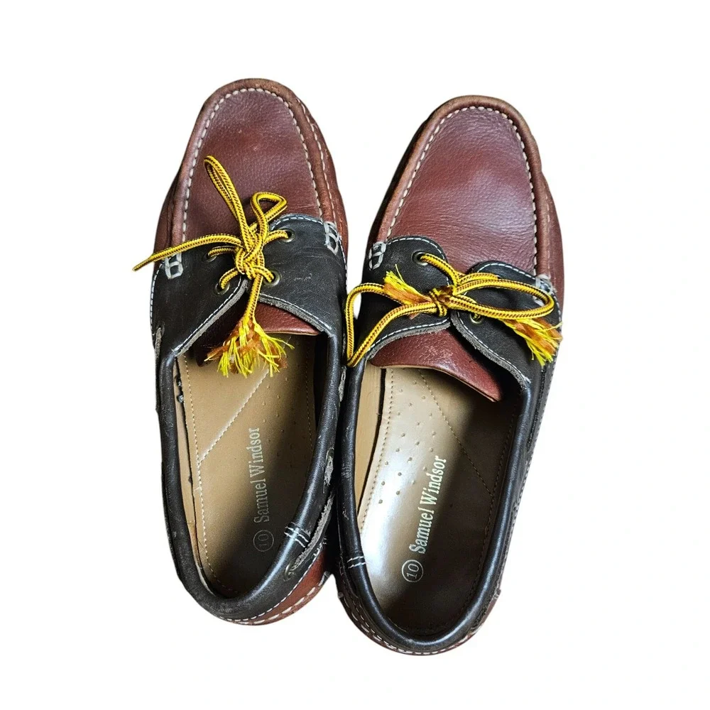 Samuel Windsor Deck Boat Shoes Mens Two Tone Black Burgundy Leather‎ Size 10